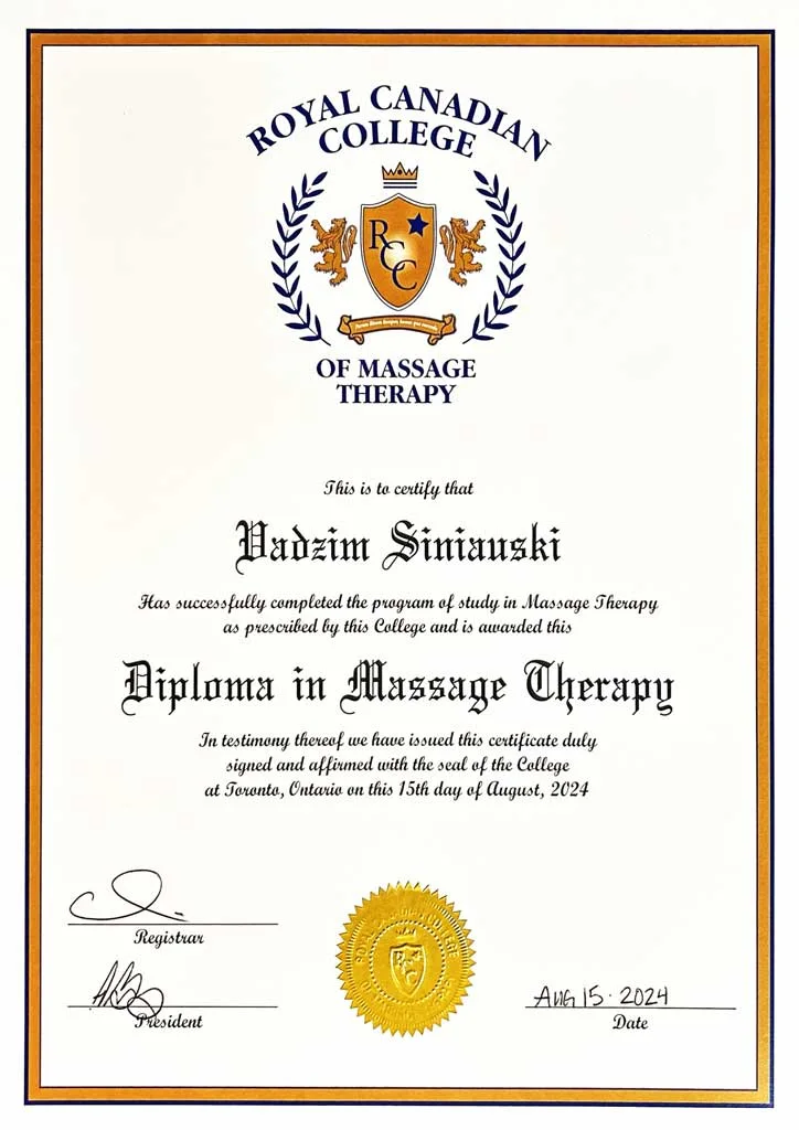 Vadzim Siniauski, RMT, Diploma in Massage Therapy, Aug. 2024