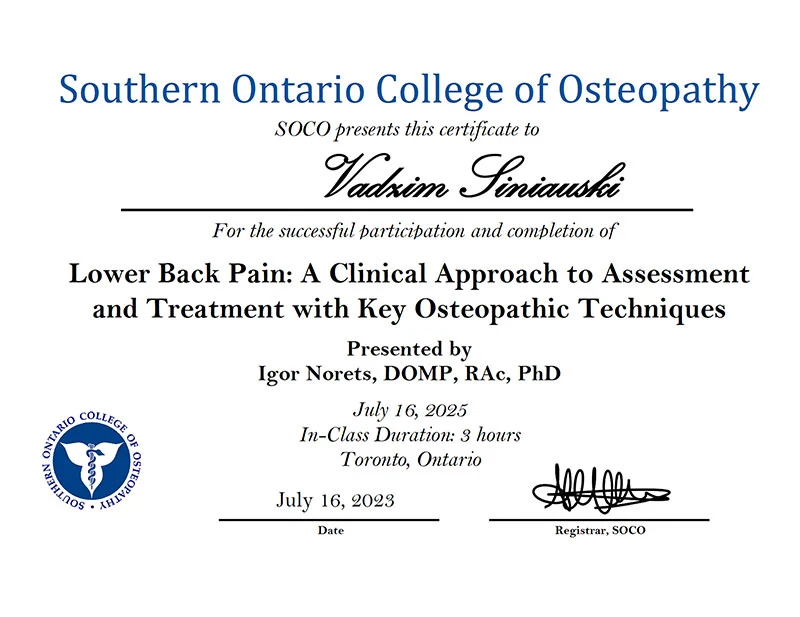 Lower Back Pain: A Clinical Approach to Assessment and Treatment certificate