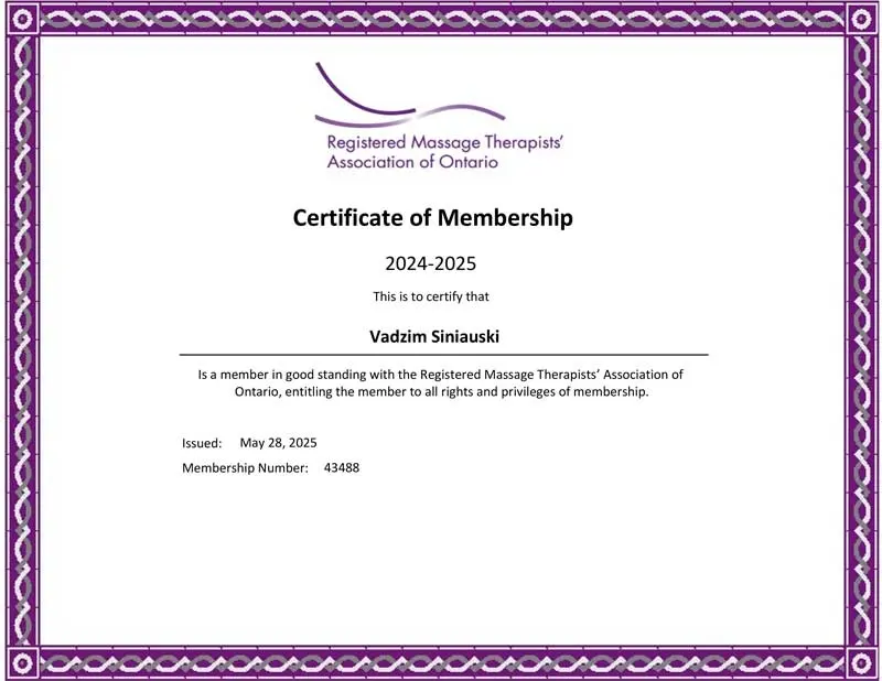 Vadzim Siniauski registered massage therapists association of Ontario